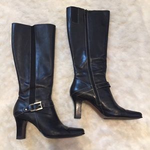 Black leather knee high heel boots, size 8.5